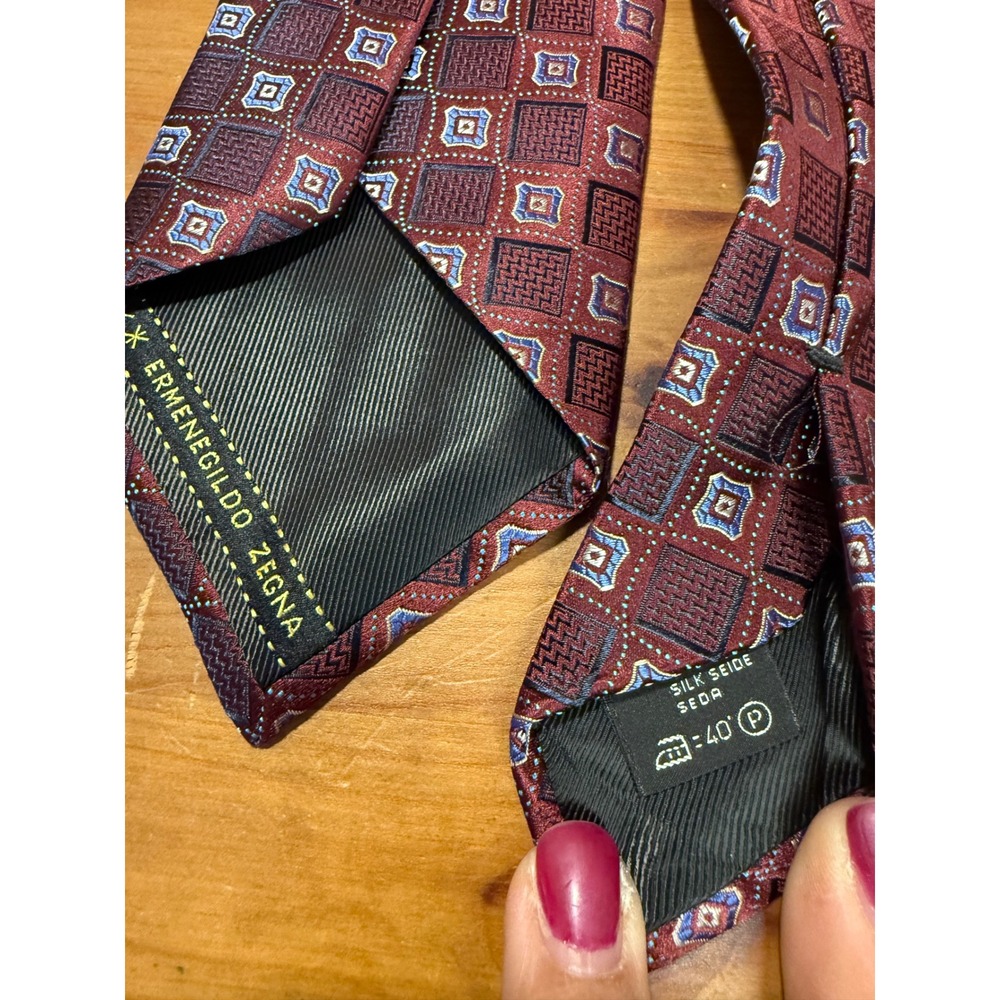 Ermenegildo Zegna Mens Silk Tie Lot 2 Navy Blue Burgundy Geometric Italy Luxury - Picture 5 of 5